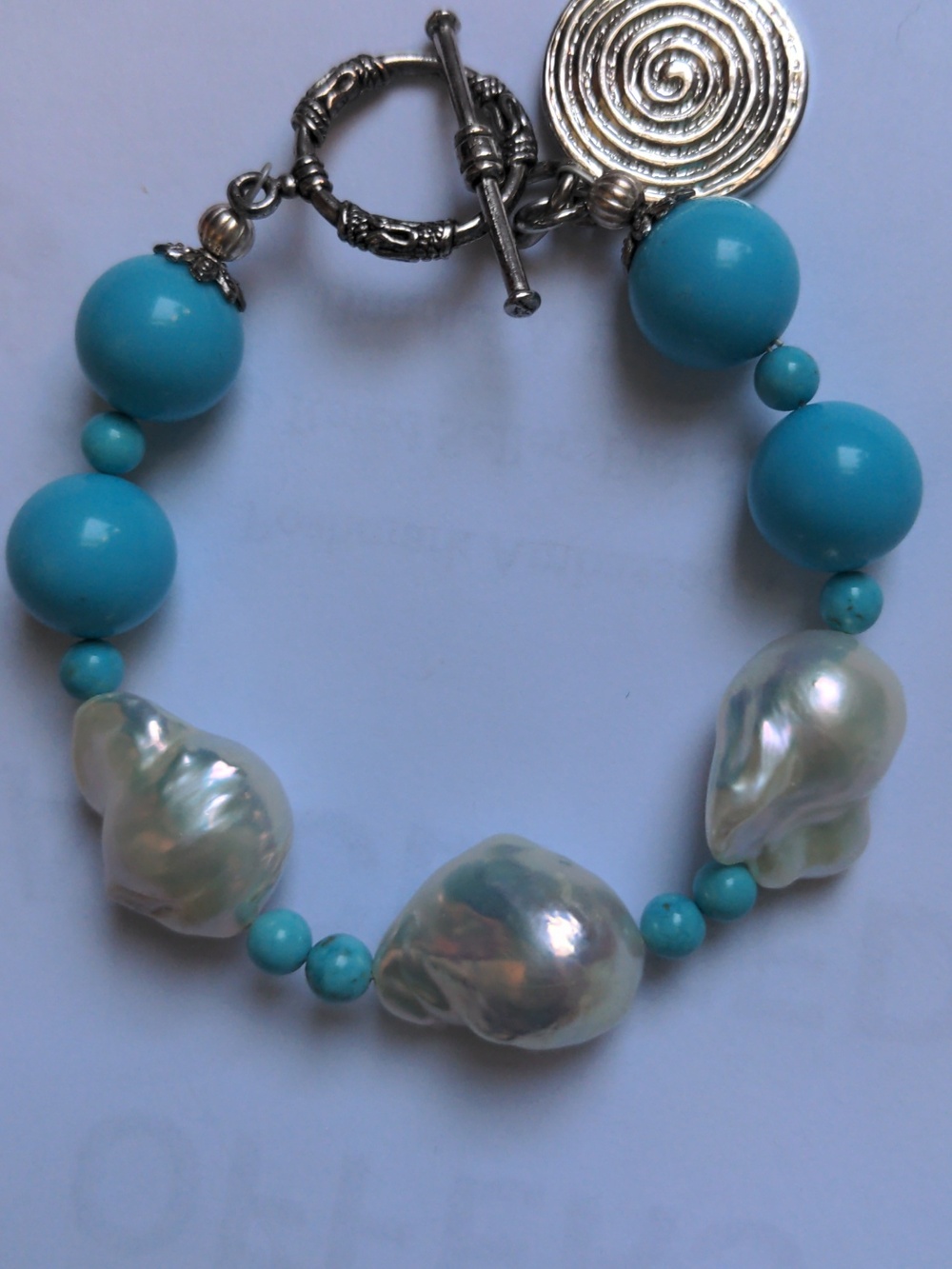 New Baroque Pearl  Statement Bracelet, Turquoise Blue Beads, Bali Silver Toggle